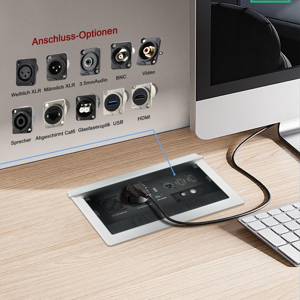 Gniazdko stołowe, aluminiowa listwa zasilająca, 2 x gniazdo Schuko, 1 x ładowarka USB-A+C (PD 65 W), 1 x kabel CAT6, 1 x HDMI, 1 x USB-C, 1 x kabel zasilający 1,7 m, 4 x uchwyt kablowy, gniazdo