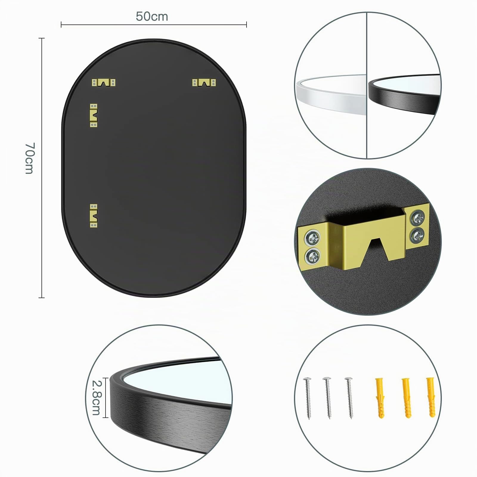 Dripex Miroir Mural 70x50cm, Ovale Miroir de Maquillage avec Cadre en Alliage d'Aluminium, Miroir de Décoration pour Entrée Chambre Salon Salle de Bain-Noir