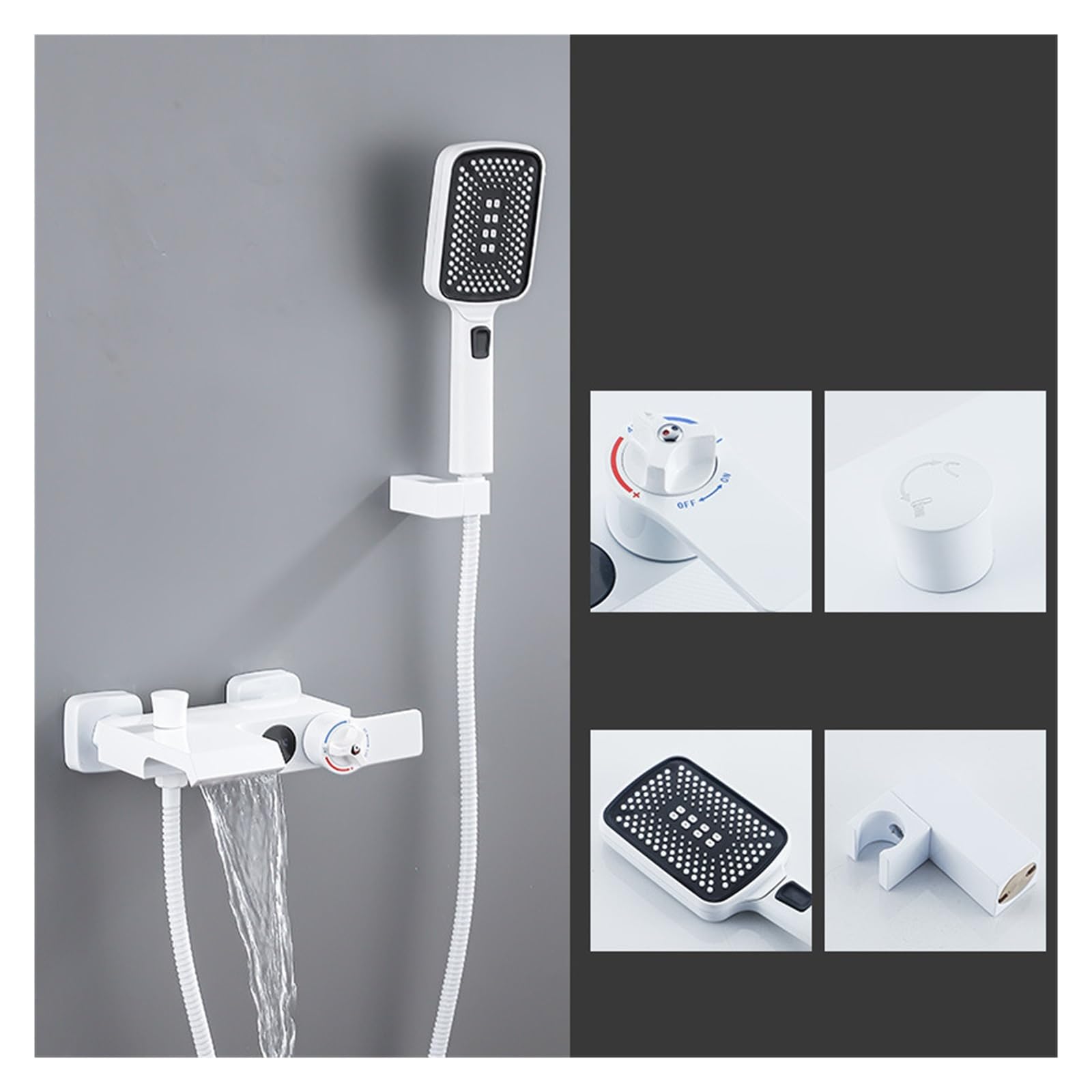 Bathroom Digital Shower Set ，Waterfall Bathtub Mixer Hot and Cold Gun Gray Faucet， Temperature Constant Tap(Thermostatic White)