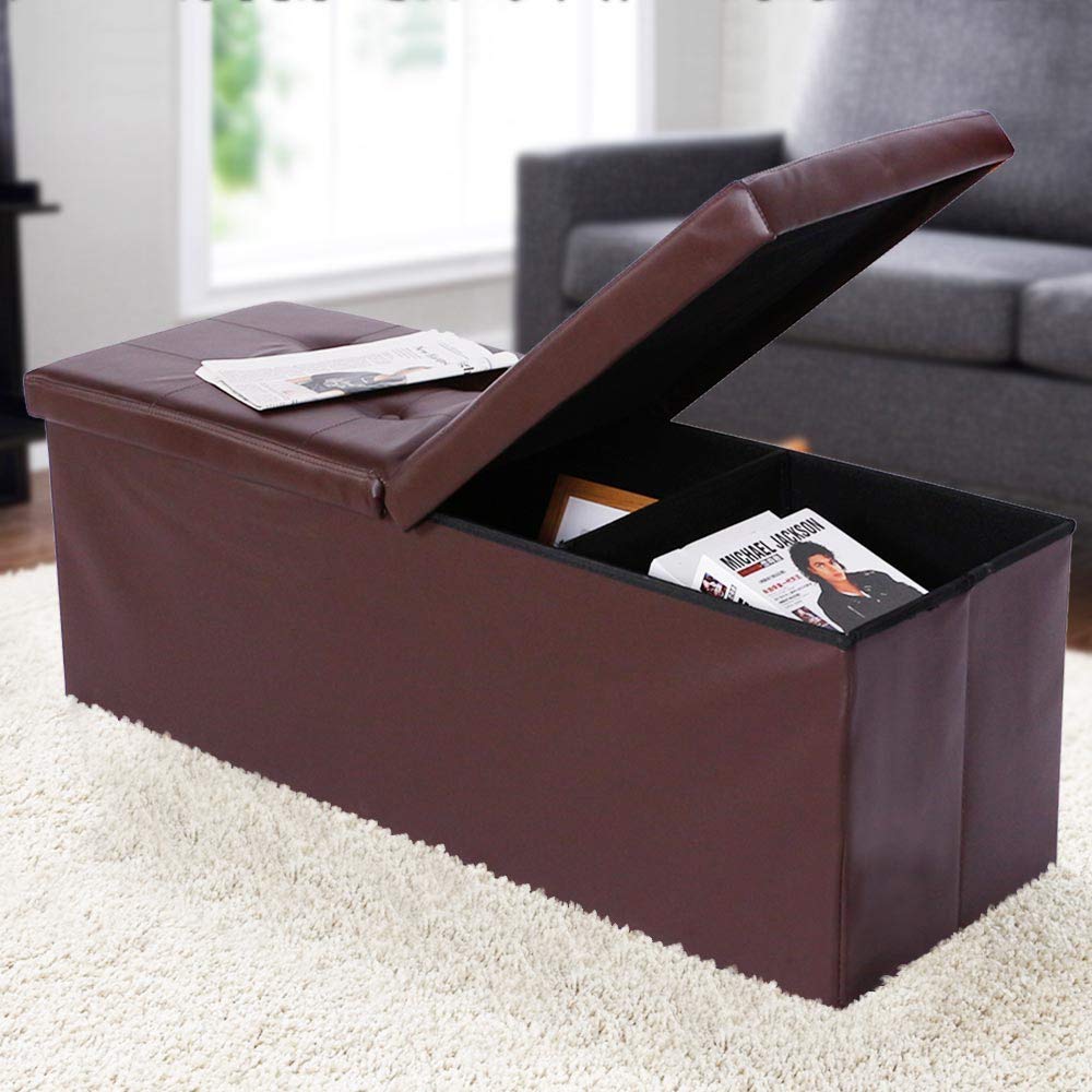BAKAJI Baúl otomano, contenedor, reposapiés, para Dormitorio, Banco, Taburete, Estructura Plegable, Revestimiento de Piel sintética, Asiento extraíble Acolchado, tamaño 38 x 115 cm (marrón)