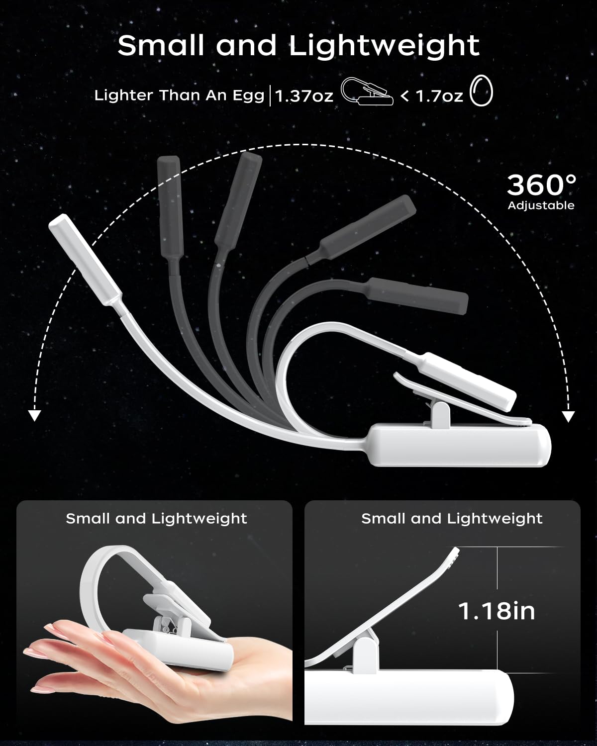 LED Book Light For Reading In Bed, Lightweight Clip On Book Lamp With Stepless Dimming & 3 Colour Modes, Battery-Powered/USB Rechargeable, For Kindle, Travel, Desk (White/Black) | Philippines