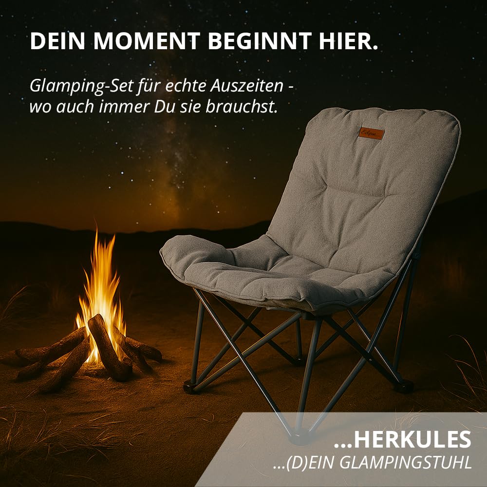 Eclipse Glamping Stuhl Bundle mit Campingstuhl HERKULES und Hocker Titan | Beige klappbar faltbar als Outdoor Klappstuhl Faltstuhl Angelstuhl Strandstuhl Balkonstuhl oder Gartenstuhl mit Tragetasche