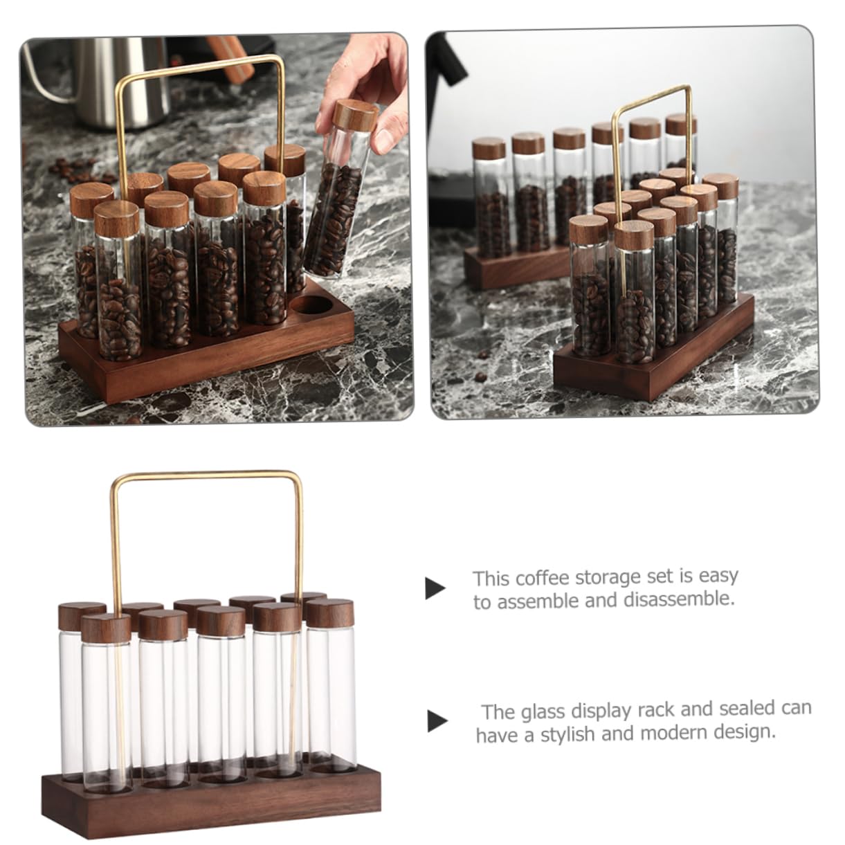 Luftdichtes Glas Kaffeebehälter Satz mit Holzständer Aufbewahrungsröhrchen für Kaffeebohnen Aromaschutz Platzsparend für Küche und Haushalt