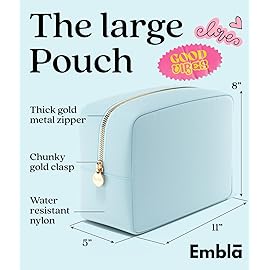 Embla Makeup Bag Travel Cosmetics Pouch and Toiletry Bag, Nylon Zipper Pouch Purse, Cute Make Up Organizer Storage Tote for Women Girls, Waterproof Travel Skincare Case, Large Makeup Bags, Sky Blue