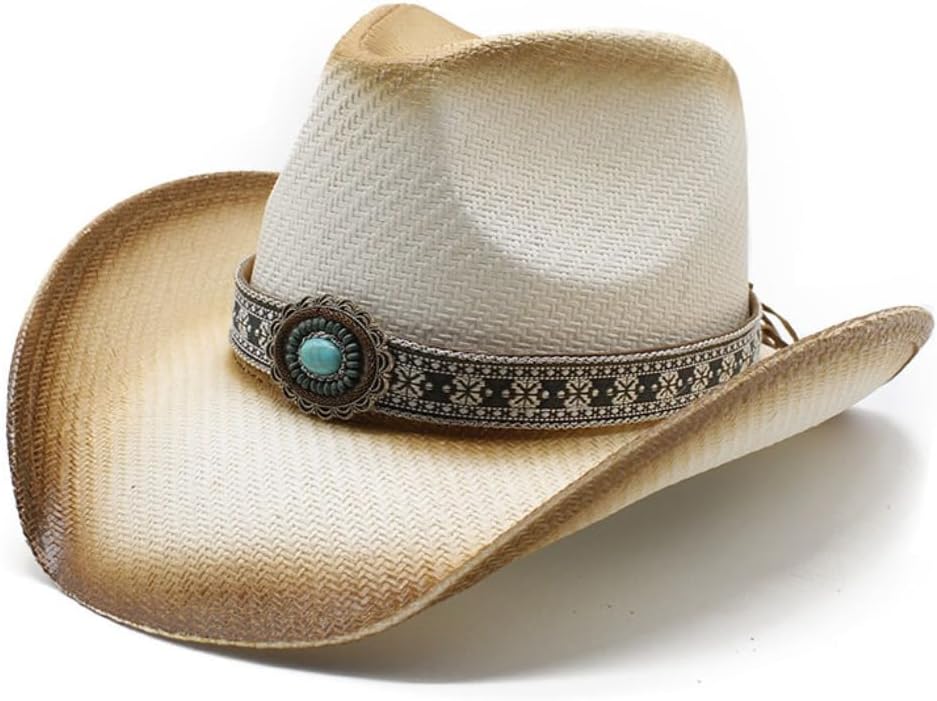 Western Cowboy Hat with Turquoise Concho Band, Vintage Brown, Woven Straw