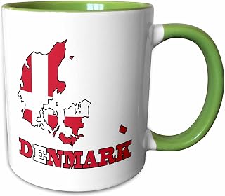 3dRose The flag of Denmark in the outline map of the country and name, Denmark. 11oz Two-Tone Green Mug