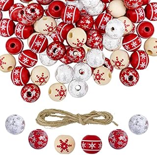TOBTUKE 120 Pieces 0.6 Inch Snowflake Christmas Wooden Beads,Natural Craft Round Wood Beads with 3.28 Feet Twine for Xmas Party Decor(Wihte, Red)