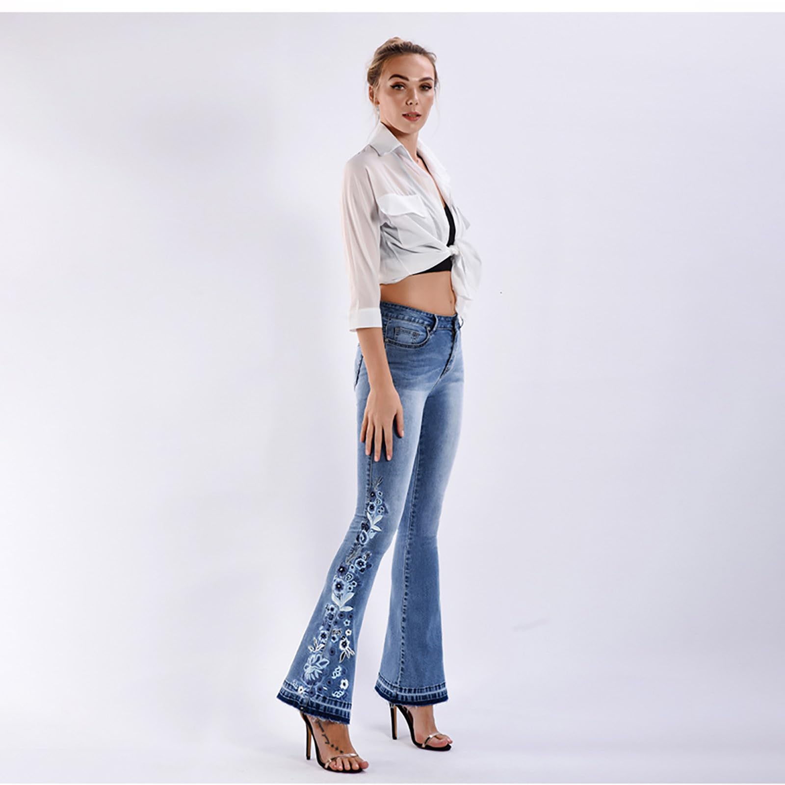Schlaghose Damen Jeans Blumen Jeanshosen Schlank Geblümt Bestickt Denimhose Vintage Stickerei Schlagjeans mit Taschen Elegante Bootcut Röhrenjeans Hohe Taille Flared Pants Y2K Style Denim Freizeithose