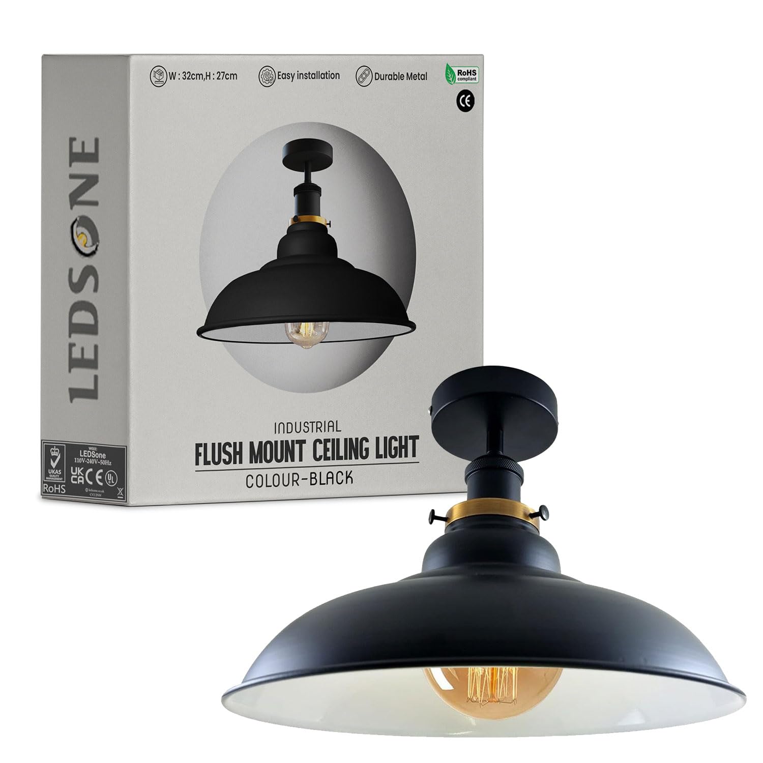 Vintage Industrial Semi Flush Mount Ceiling Lights Metal Dome Shade E27 Base Lamp Holder Vintage Style Ceiling Lighting Lights for Living Room Hallway Ceiling Metal Large Rustic 32cm Shade Pendant โ image 1