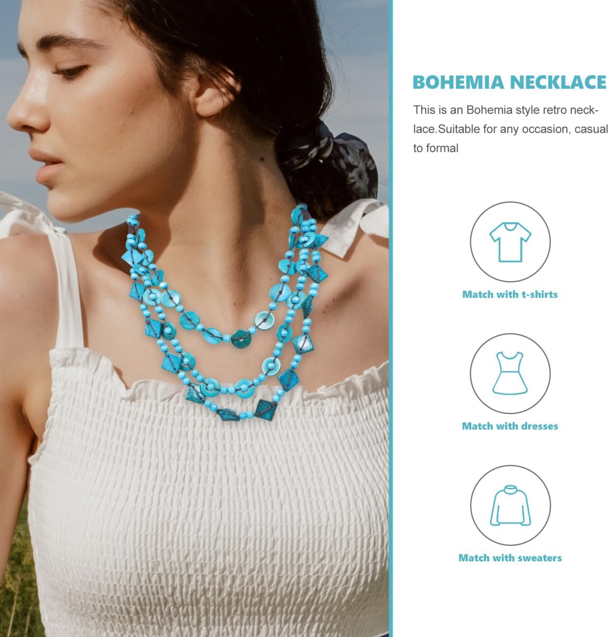 Chunky Necklace Bohemian Shell Necklace Wood Bead Statement Collar Chunky Layered Handmade Beaded Long for Women (Blue, Random) - Image 3