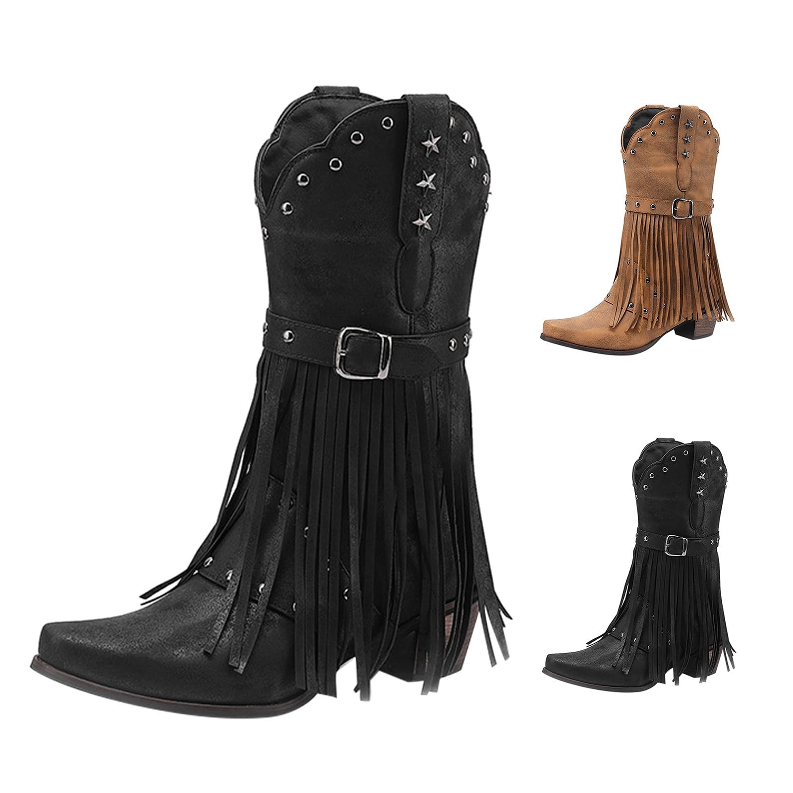 Stivali da donna, stile country frangia, stivaletti a punta, stivaletti, tacco quadrato, scarpe larghe, stivaletti con cinturino di fibbia, stivaletti da donna scamosciato, tacco a blocco, taglia