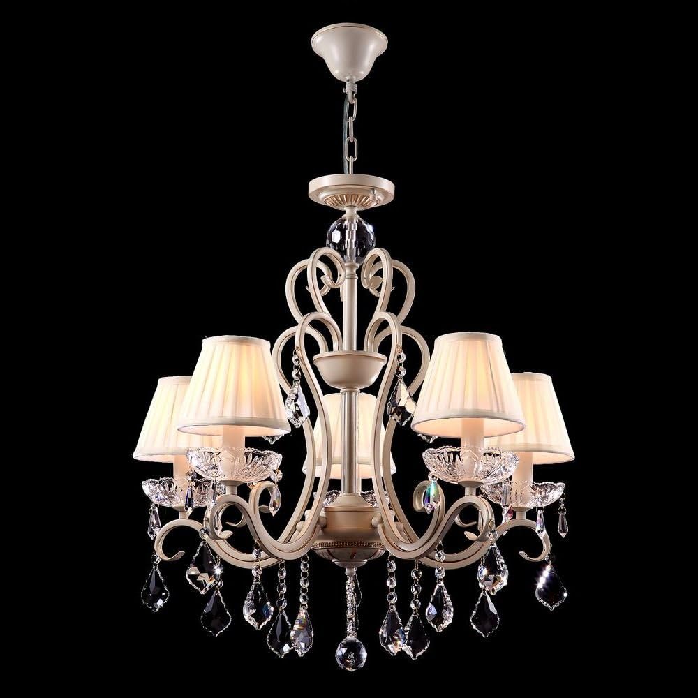 Baroque Elegant Classic Chandelier Ceiling Lamp Ivory Metal Frame White Fabric Shades Crystal Pendants excl. 5 Bulbs x E14 40W