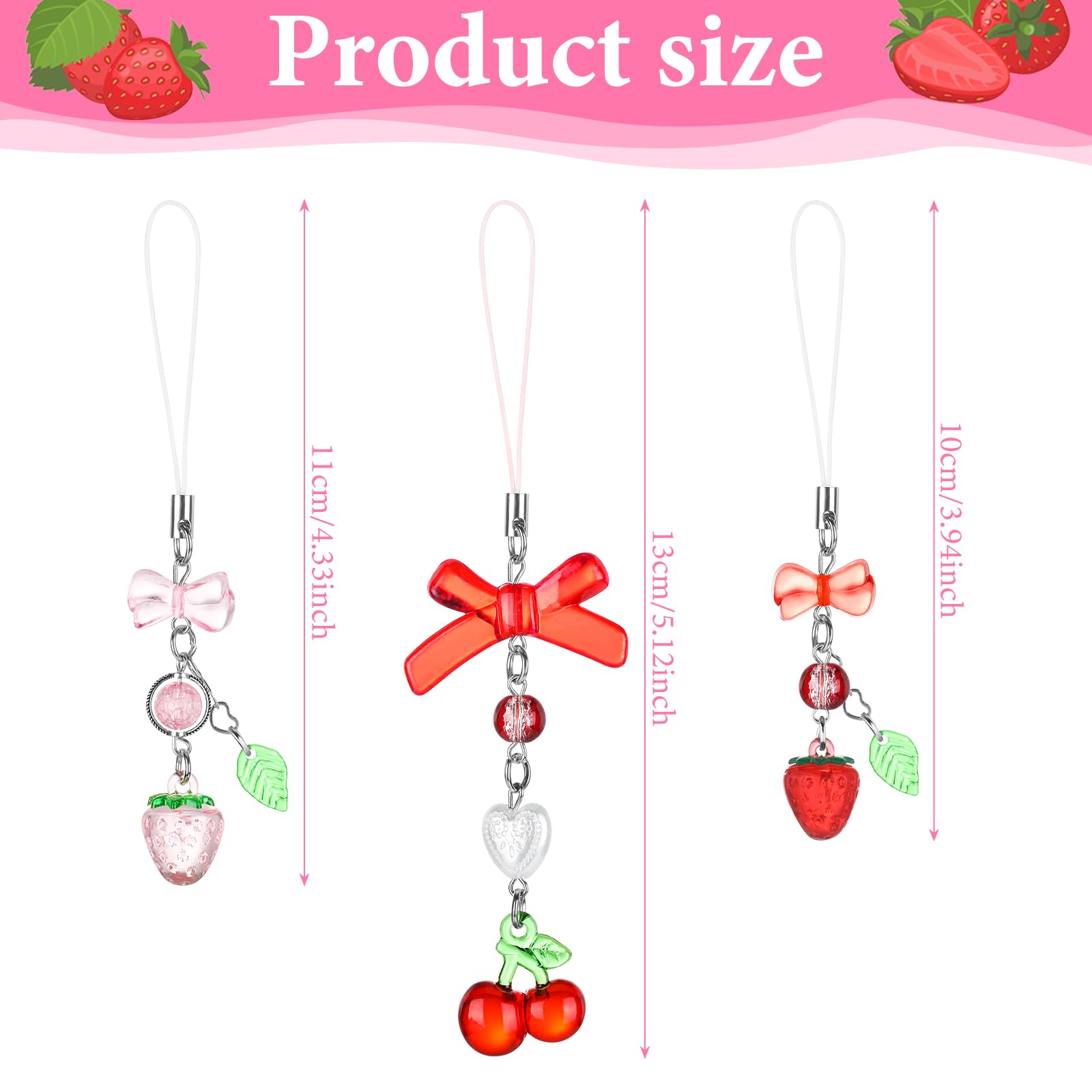 Neptniopllab 3 Cute Strawberry Cherry Phone Charms, Y2K Cell Phone Charms with Heart Straps and Pendant Decoration