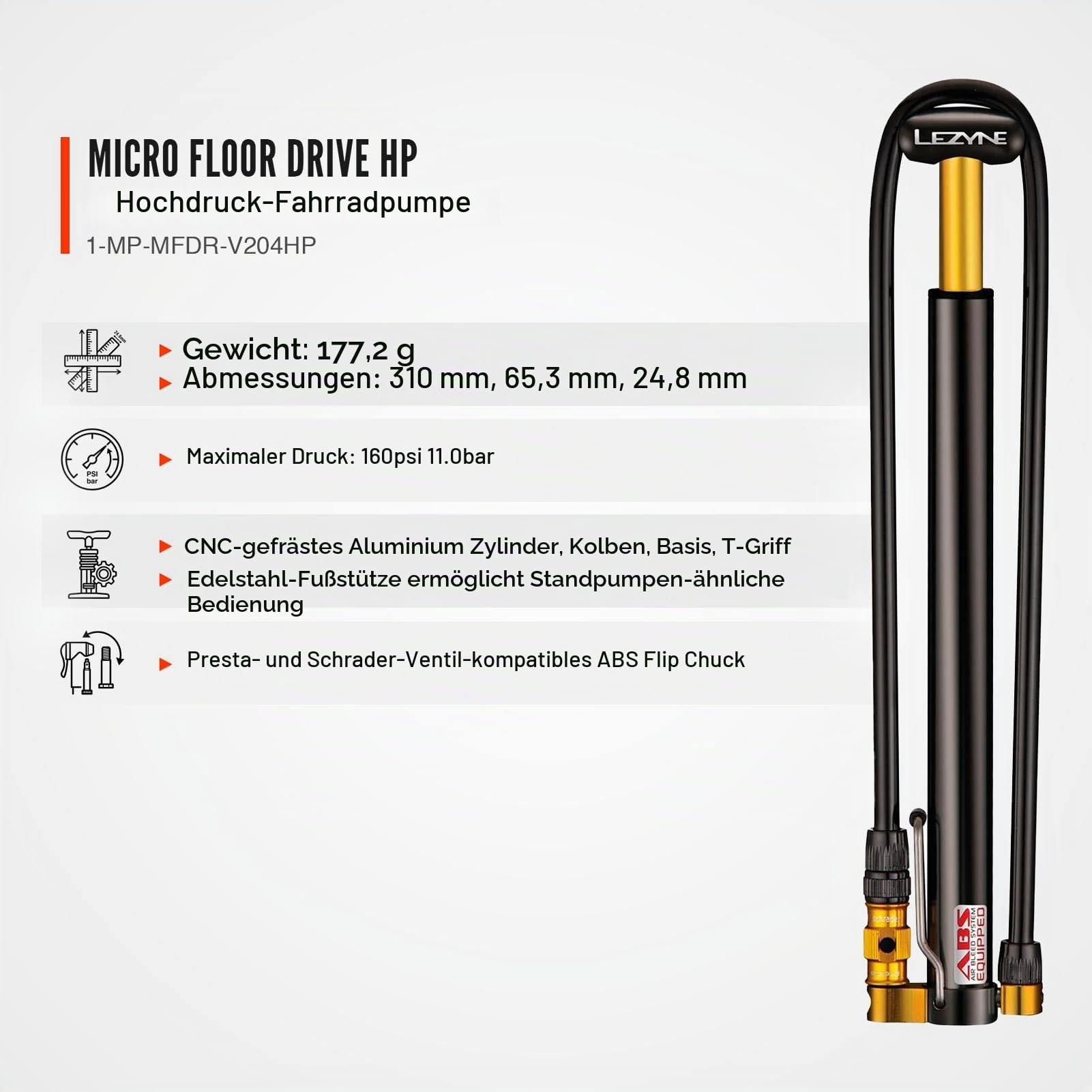 LEZYNE Kompakte Fußpumpe Micro Floor Drive HP