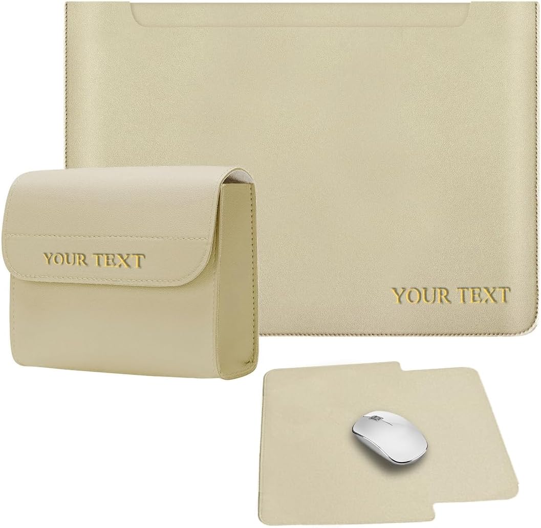 Custom Initials Name Text Laptop Sleeve 15 in for MacBook Pro Mac Air A2941 A1707 A1990 A1398 A1286,PU Leather Stylish Minimalist Personalized Monogram Slim Soft Bag Cover with Mousepad & Small Pouch