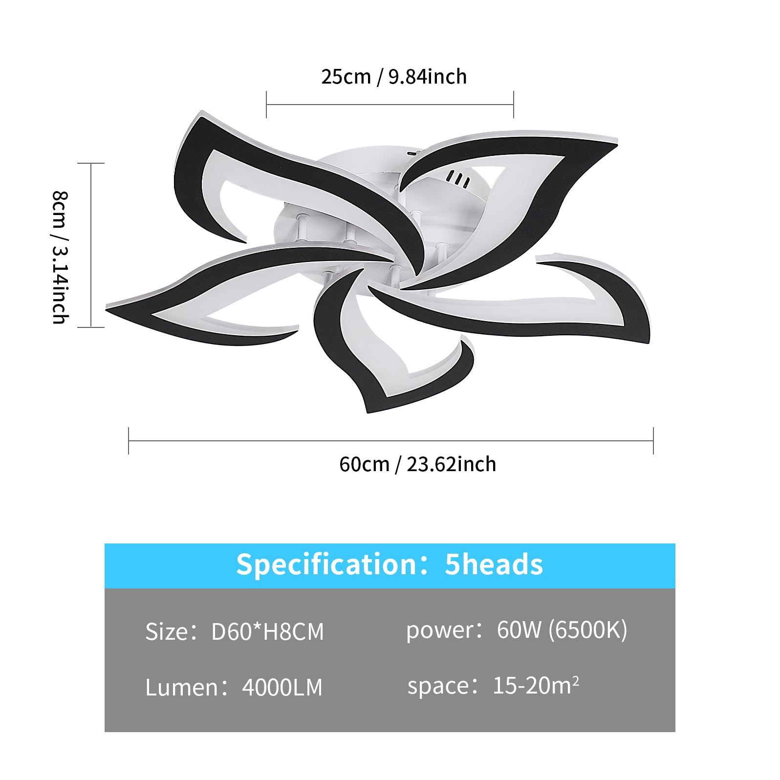 Riserva Nowoczesna lampa sufitowa LED, 60 W, wzór płatków, czarna, 6500 K