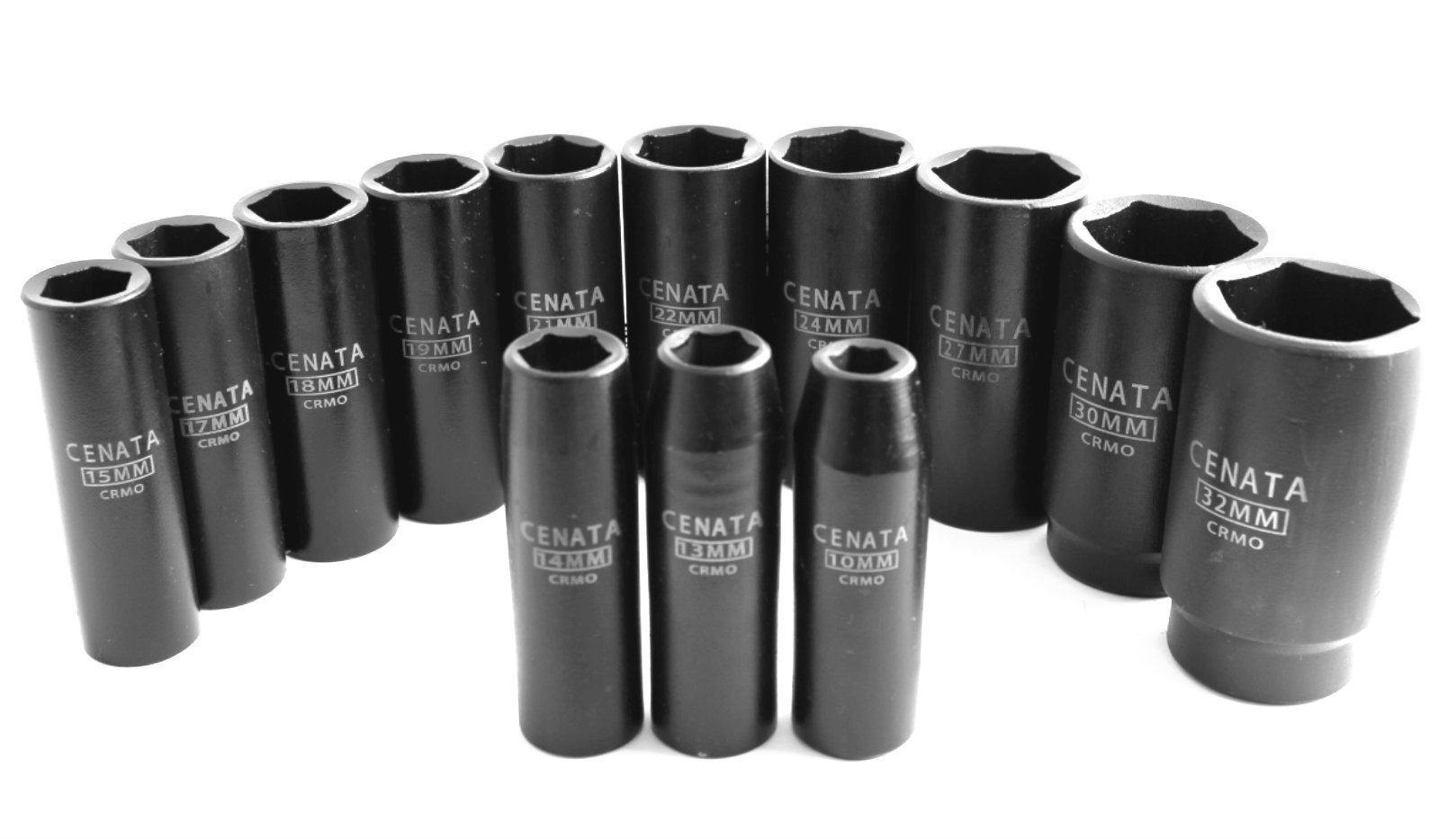 Cenata YM8013 13 Piece 1/2 Inch Drive METRIC 6 Point Chrome Molybdenum Deep Wall Impact Socket Set Features High Visibility Laser-Etched Markings, Black Phosphate Finish, Meet or Exceed ANSI Standards and.