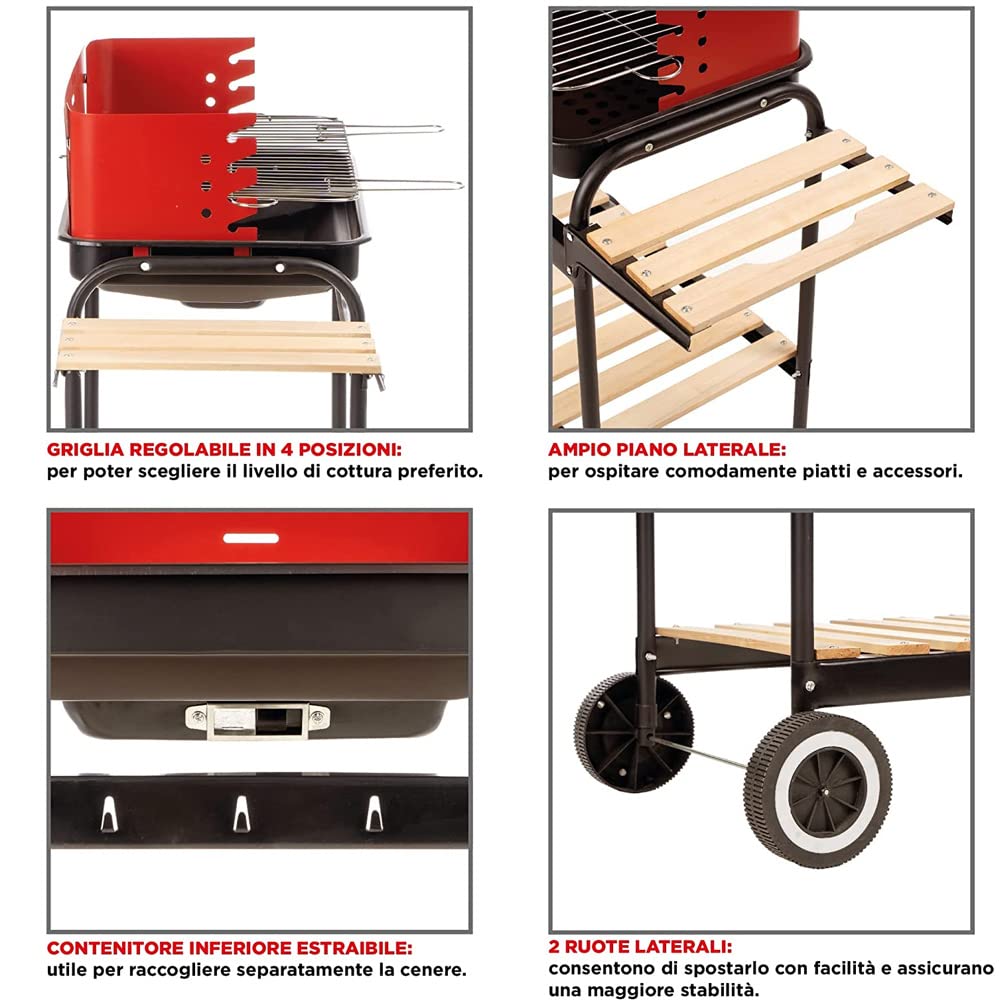 BAKAJI Barbecue Trolley a Carbonella in Metallo e Legno, BBQ Braciere Portatile con 3 Ripiani d'Appoggio e 2 Ruote, Grill da Giardino Ideale per Campeggio, Balcone, Esterni, Graticola in Acciaio