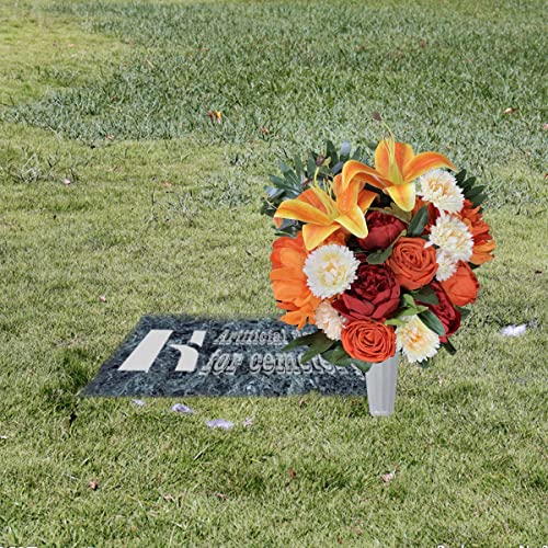Henomo Artificial Cemetery Flower With Vase For Headstone, Outdoor Grave Decoration，Florist-Arranged Memorial Bouquet:orange Rose And White Mum Mix,Easy Fit #TOP6