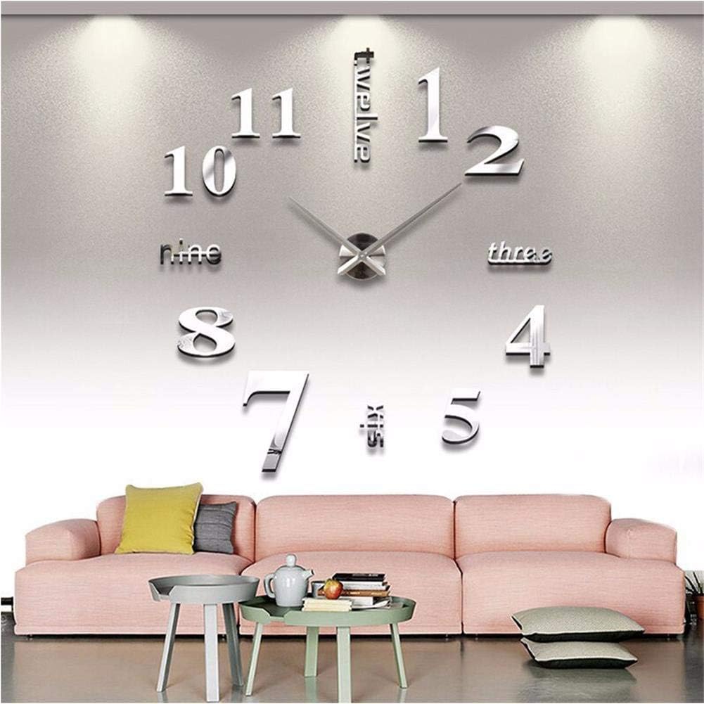 Large DIY Wall Clock Frameless 3D Mirror Surface Wall Clock Creative Mute Wall Stickers for Home Living Room Office Decor Clocks(Silver)