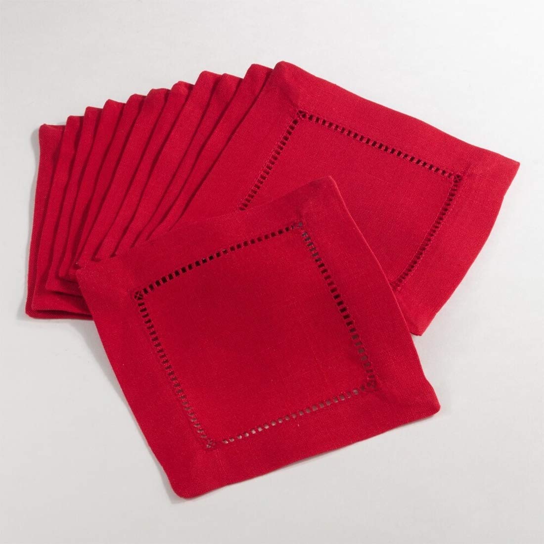 Fennco Styles Rochester Collection Red Coasters Cocktail Napkins with Hemstitched Border, Set of 4, 6