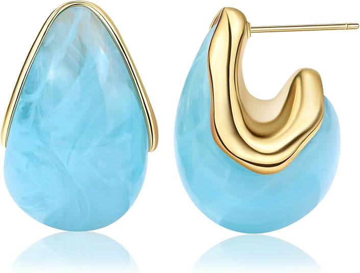 Resin Teardrop Chunky Gold Earrings Statement Drop Vintage Funky Cute Hoops Resin Teardrop Chunky Gold Earrings Statement Drop Vintage Funky Cute Hoops - Chic Brown Midi Dress Outfit Ideas: Elegant Blue and Brown Summer Style Aesthetic