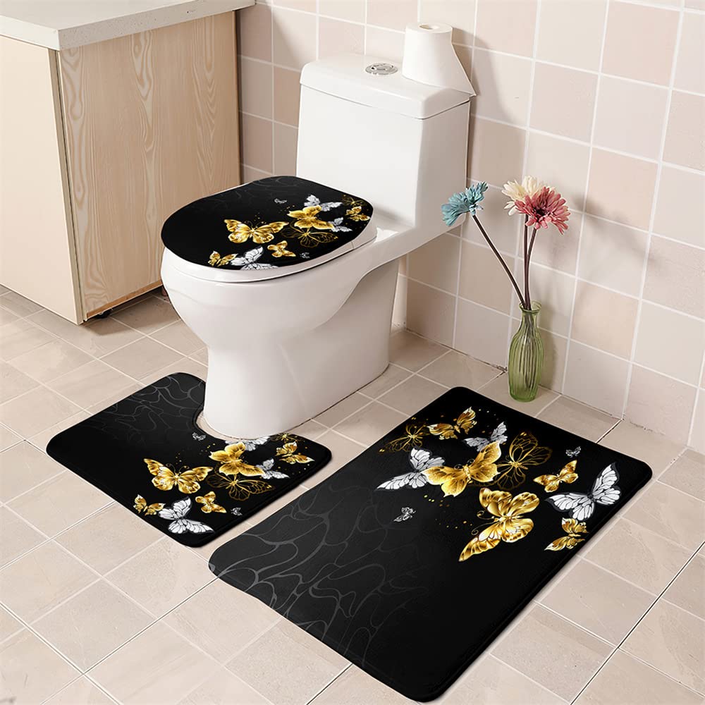 Bath Mat Butterfly Gold Silver Bathroom Mat 3 Pieces Bath Mat Set 45x75cm Non Slip Rug Door Mat Machine Washablet U-Shape Toilet Mat Bath Mats for Bathroom Pedestal Mat for Toilet
