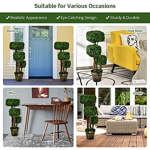 Bestcomfort 3 Feet Artificial Boxwood Topiary Tree, Decorative Triple Square Shaped Fake Plant, Wooden Rattan, Artificial Leafy Tree Faux Potted Indoor Floor Plant For Home Office Front Porch #TOP1