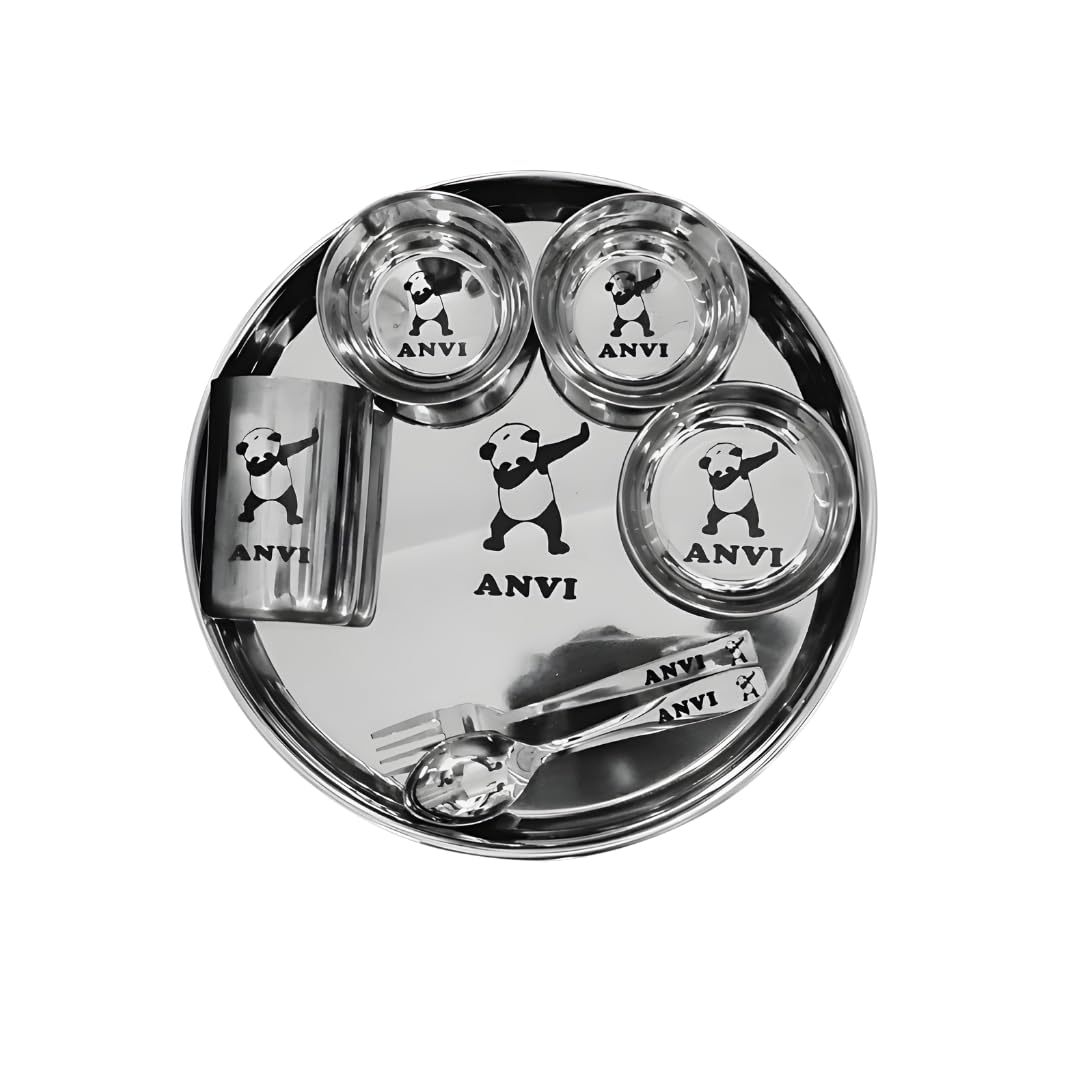 Stainless Steel Printed Namoh Customizations Customized Thali Set for Kids with Name: Personalized thali Set with Name, Silver — Amazon image 4
