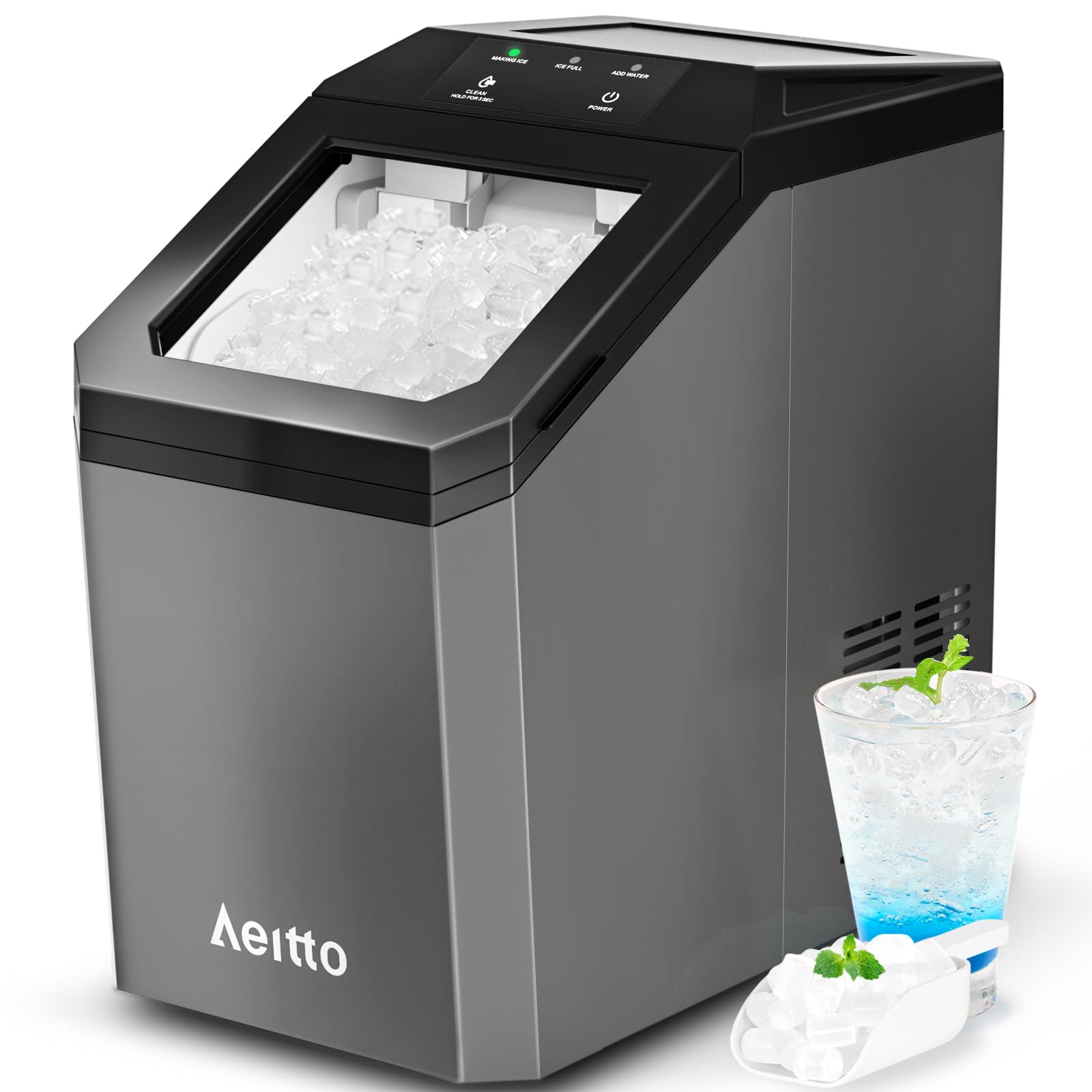 Aeitto Nugget Ice Maker Countertop, 55lbs/Day, Large Capacity Chewable Ice Maker, Rapid Ice Release in 5 Mins, Self-Cleaning with Stainless Steel Housing Ice Machine for Home Office and Party, Grey