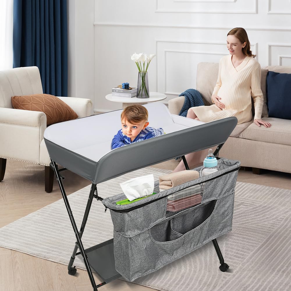 homewell Cambiador portátil plegable, altura ajustable, cambiador para bebé con ruedas y cinturón de seguridad, cambiador impermeable