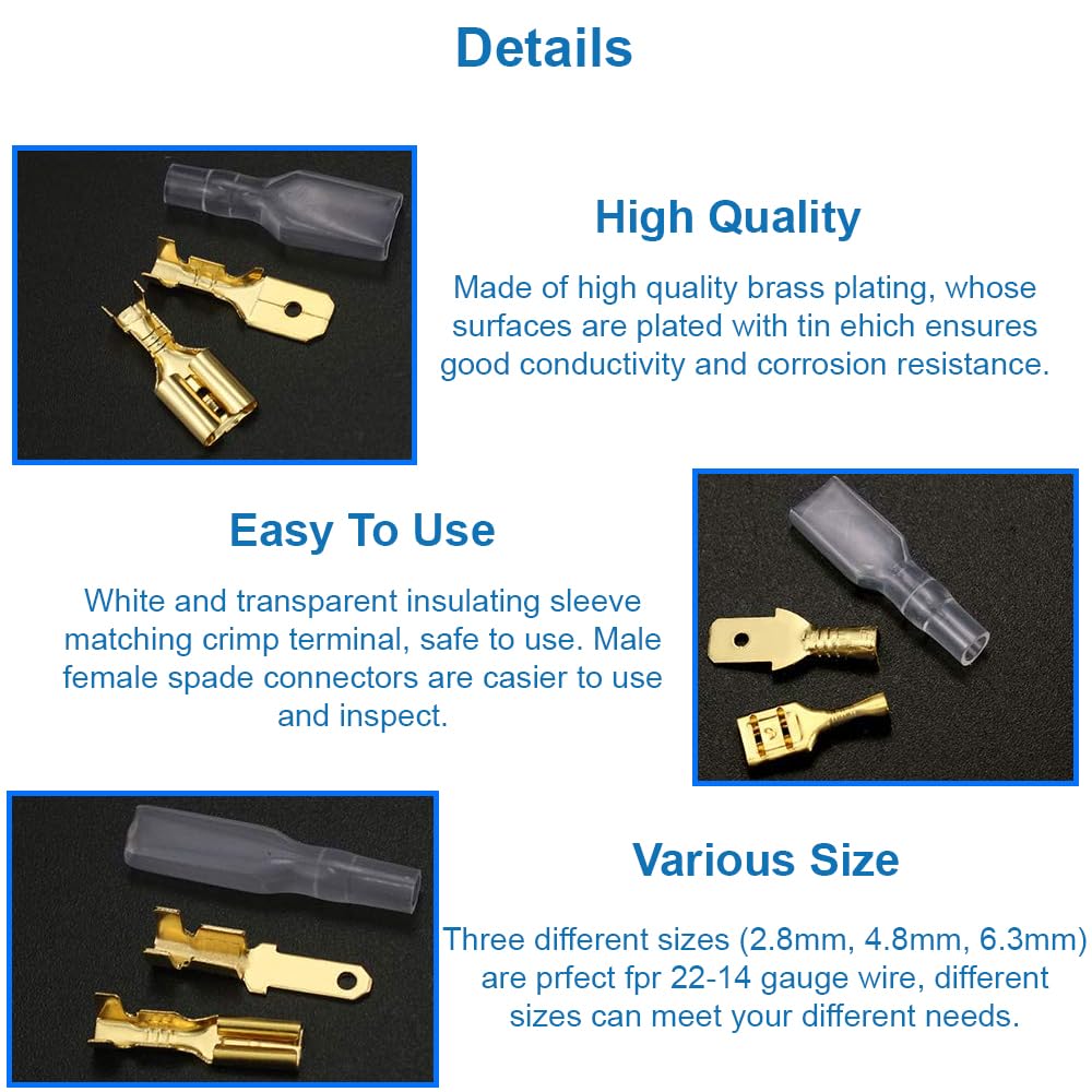 MMOBIEL 480 pz Assortimento di connettori a forcella Morsettiere a crimpare per cavi con guaine isolanti per cablaggio elettrico - 2,8 mm 4,8 mm 6,3 mm maschio e femmina - Oro