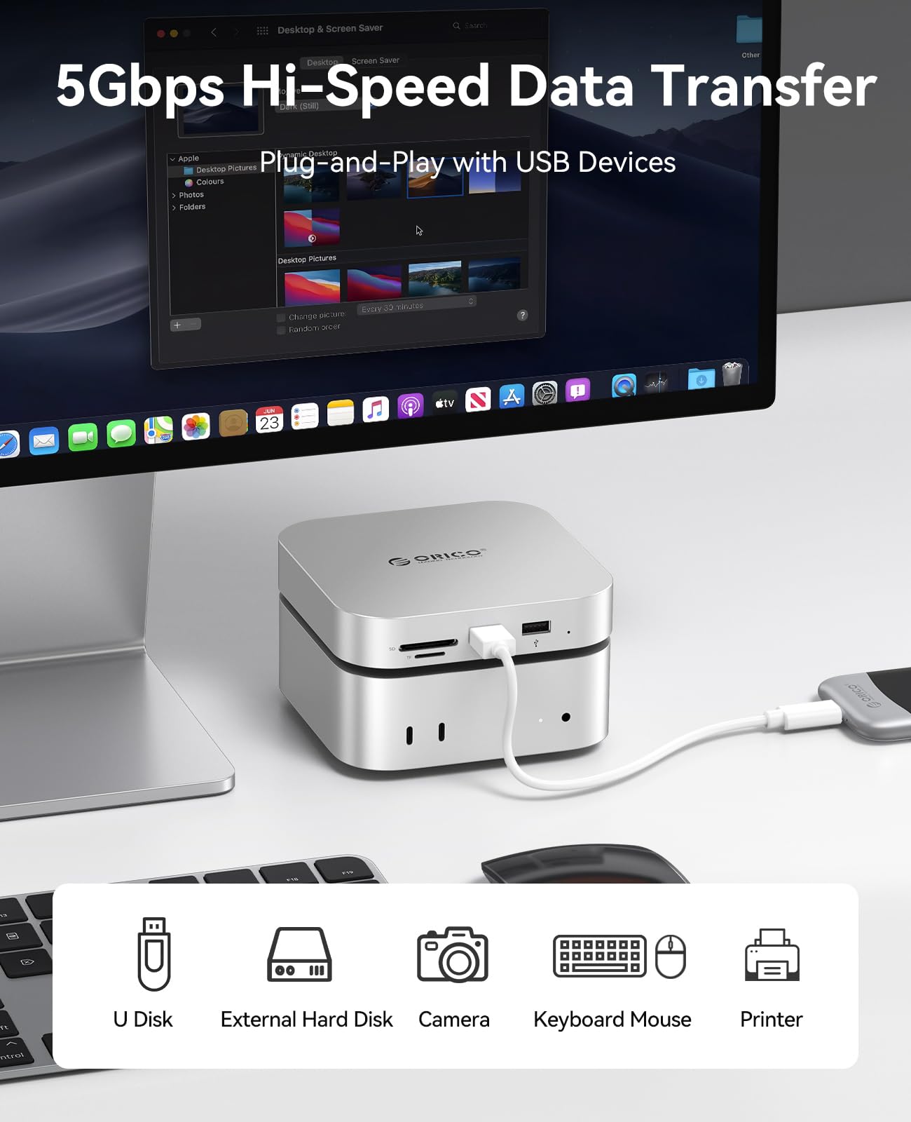 ORICO MiniLink Mac mini M4 Hub z obudową SATA SSD, port USB 3.0 5 Gb/s, czytnik kart SD 3.0/TF 3.0, gniazdo słuchawkowe 3,5 mm i gniazdo mikrofonowe (M410P)