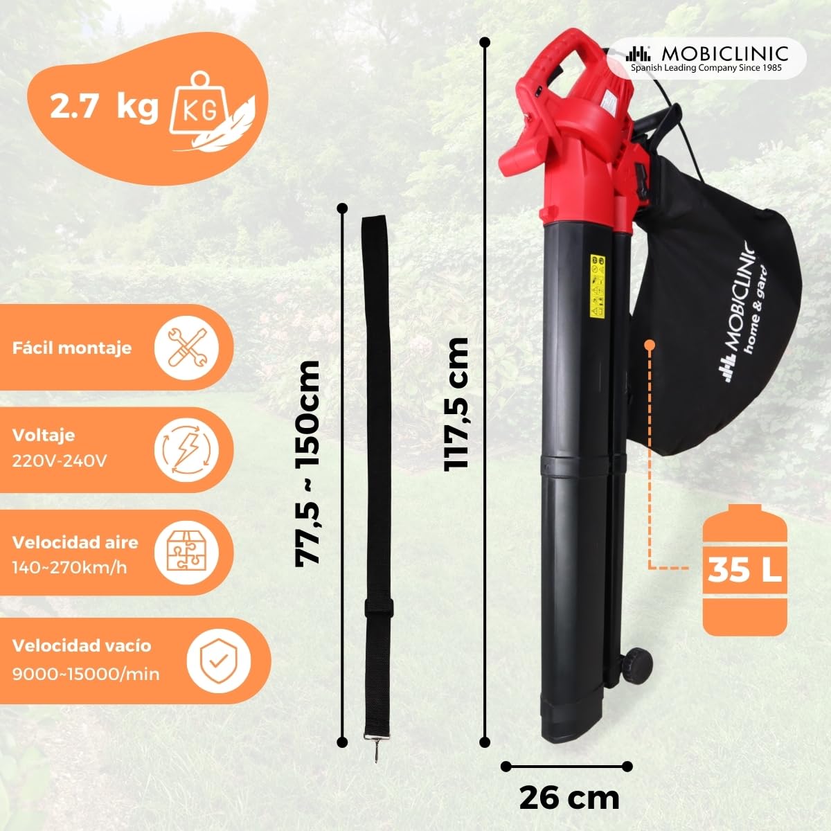 Mobiclinic®, Soplador de Hojas, Aspirador y Triturador de Hojas, 900W, 6 Velocidades, Mobiclean, 3 en 1, Ligero, 35L, Velocidad Soplado 270 km/h, para Jardín, 220V, Asa Hombro