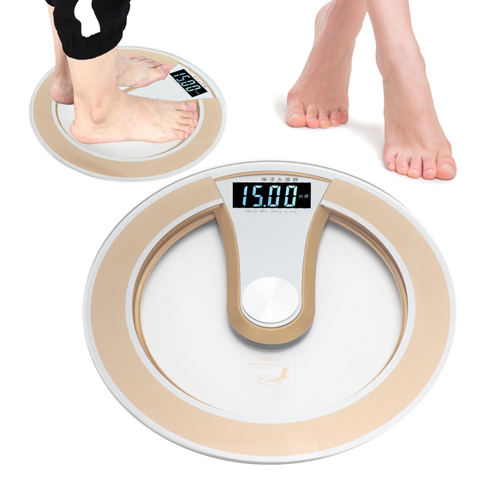 Pongnas Báscula Eléctrica Redonda Inteligente Digital con Pantalla LCD para el Cuerpo, Báscula de Alta Precisión para Gimnasio en Casa, Baño, Vidrio Templado, Dorado, Negro, 330x330x33mm (GOLD)