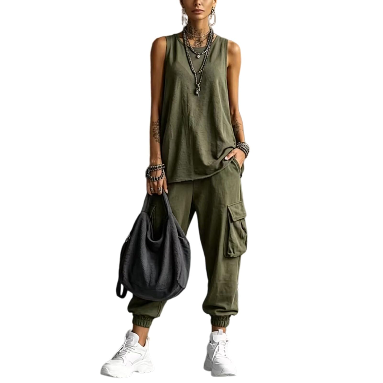 Generisch Zweiteiler Damen Sommer Trainingsanzug 2-Teiliges Set Tops und Weite Musselin Hose Baumwolle Outfit Einfarbig Jogginganzug Lässig Tracksuit Freizeitanzug Loungewear Damen Hosenanzug