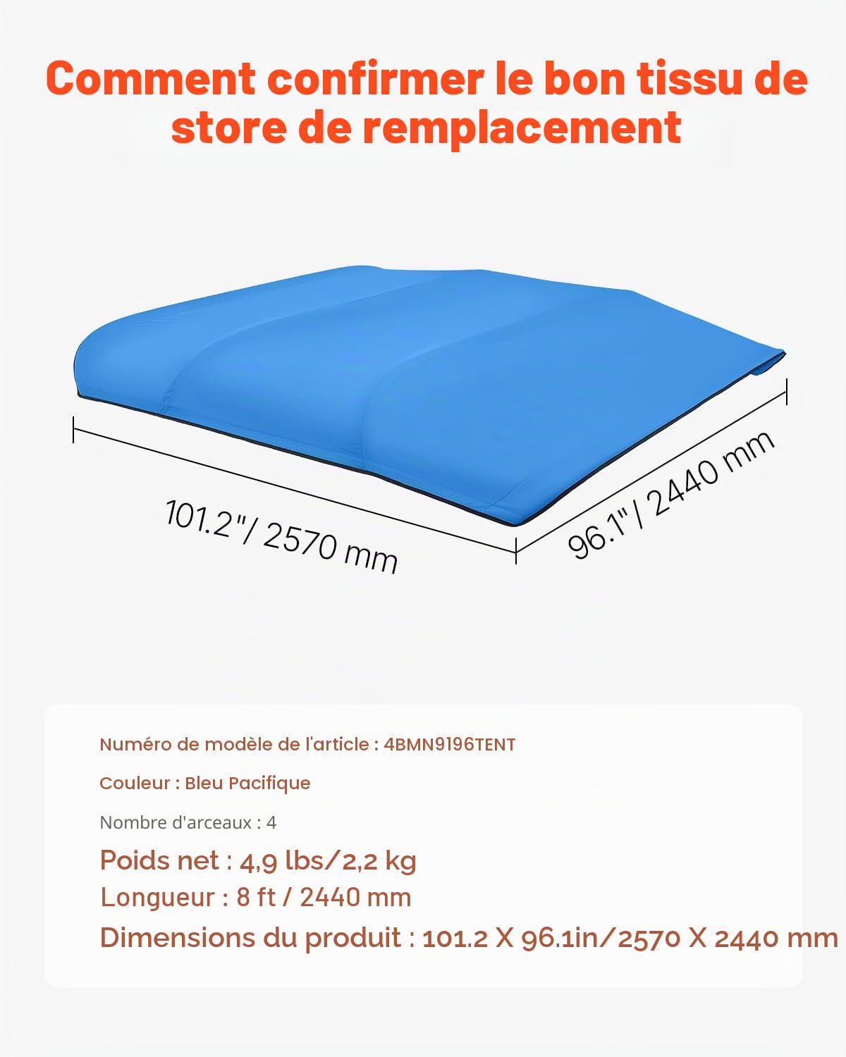 VEVOR Bimini pour Bateau à 4 arceaux, 243 cm, taud de Soleil imperméable avec Toile en Polyester 600D, Pare-Soleil, Sac de Rangement, Compatible avec Les Bateaux de Large 213-244 cm, Bleu Pacifique