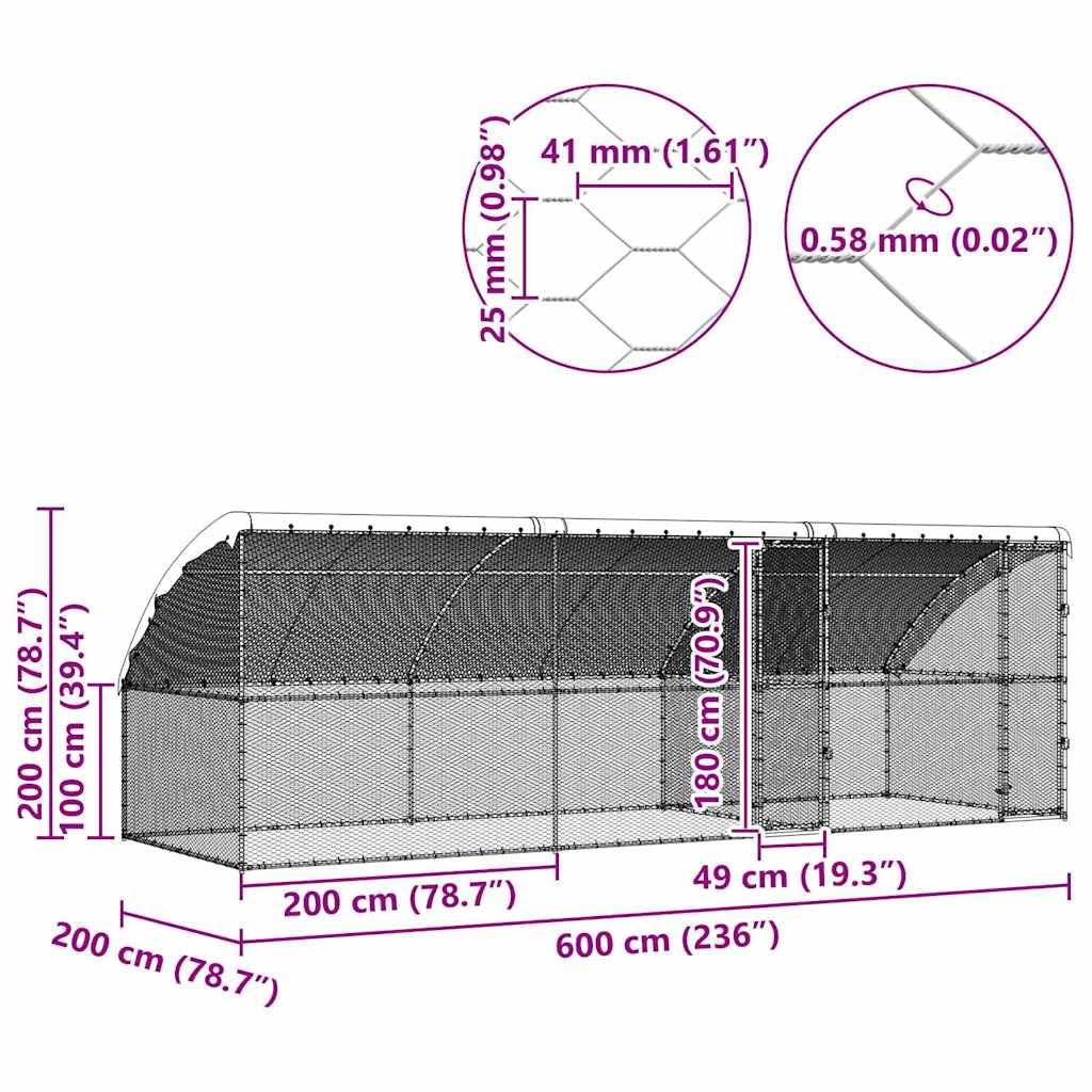 Klatka dla kurcząt, zestaw 3 sztuk, 600 x 200 x 200 cm, ocynkowana stal, odporna na warunki atmosferyczne, zamykana, nowoczesne wzornictwo do bezpiecznego użytku na zewnątrz z dachem siatkowym