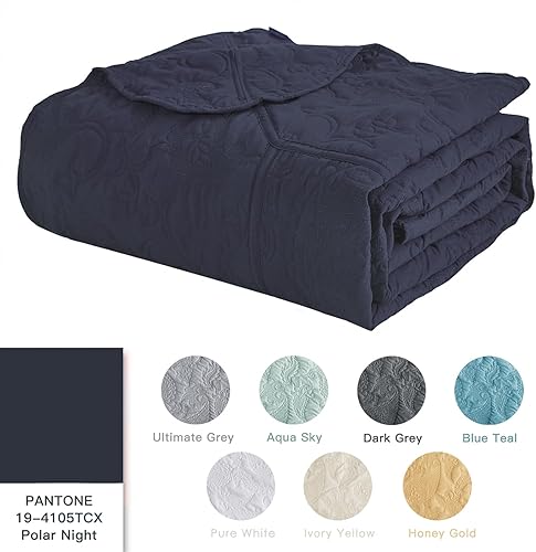 Miniatura 4 de HZ & HY Juego de edredón acolchado de gran tamaño, edredón ligero y delgado, reversible, lujoso, 5 piezas, 100% microfibra, KingCal King, azul marino