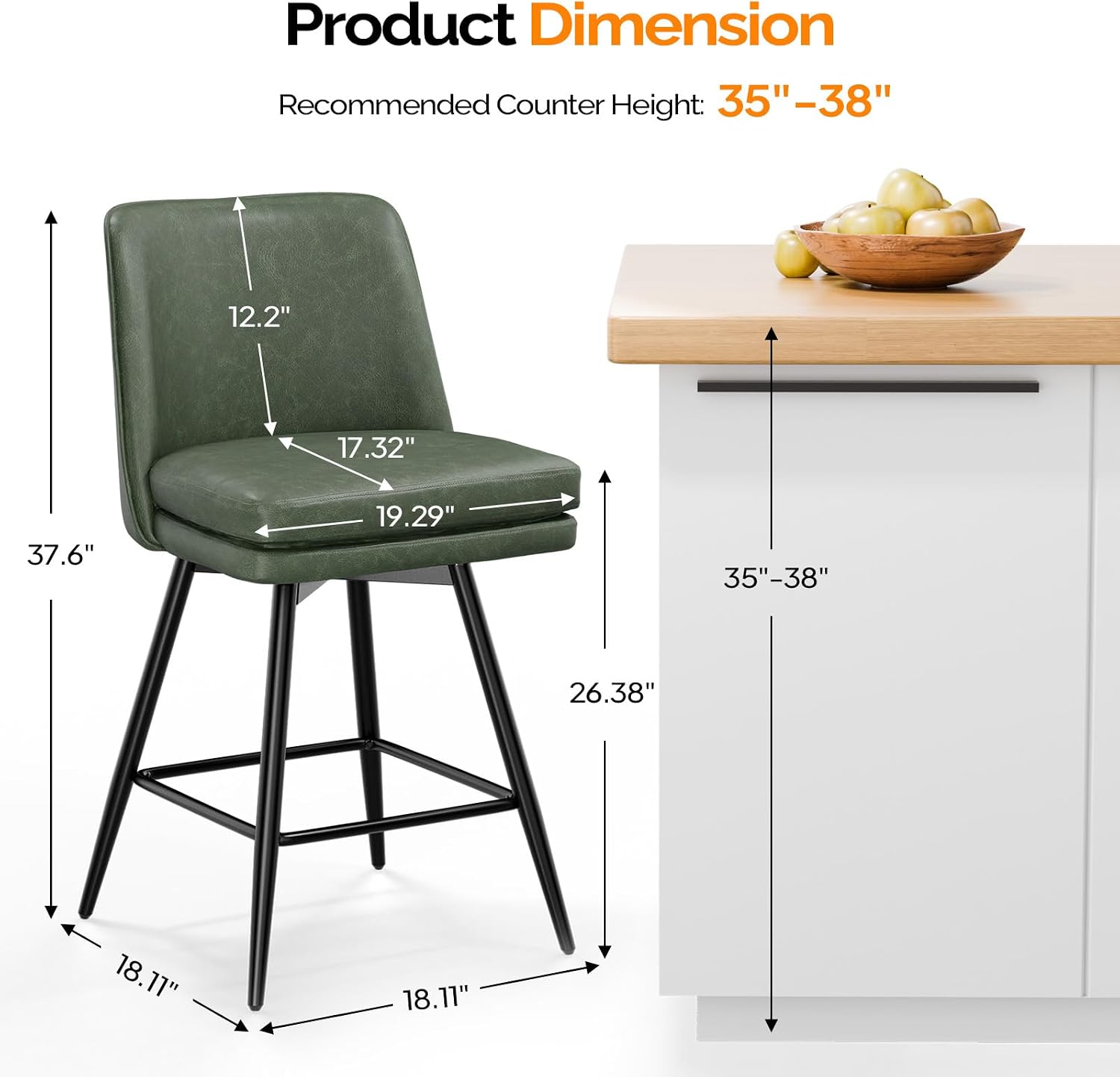 VINGLI 26" H Swivel Barstools Set of 3, PU Faux Leather Upholstered Counter Height Bar Stool with Back, Kitchen High Chairs with Cushion Square Seat, Metal Legs, Vintage Green