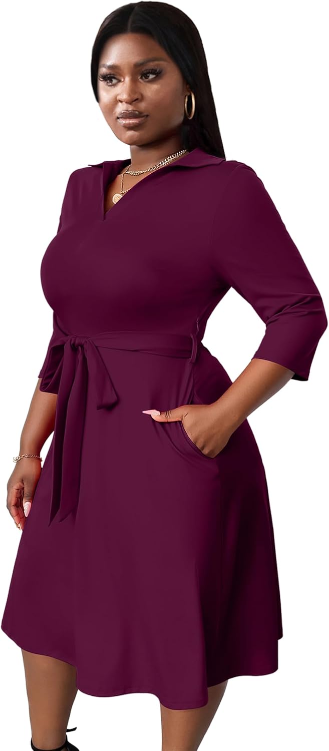 FANDEE Plus Size Midi Dress for Women - Printing Summer Dresses for Wedding Guest Cocktail Party 3/4 Sleeve V Neck(L-5XL) - Image 11