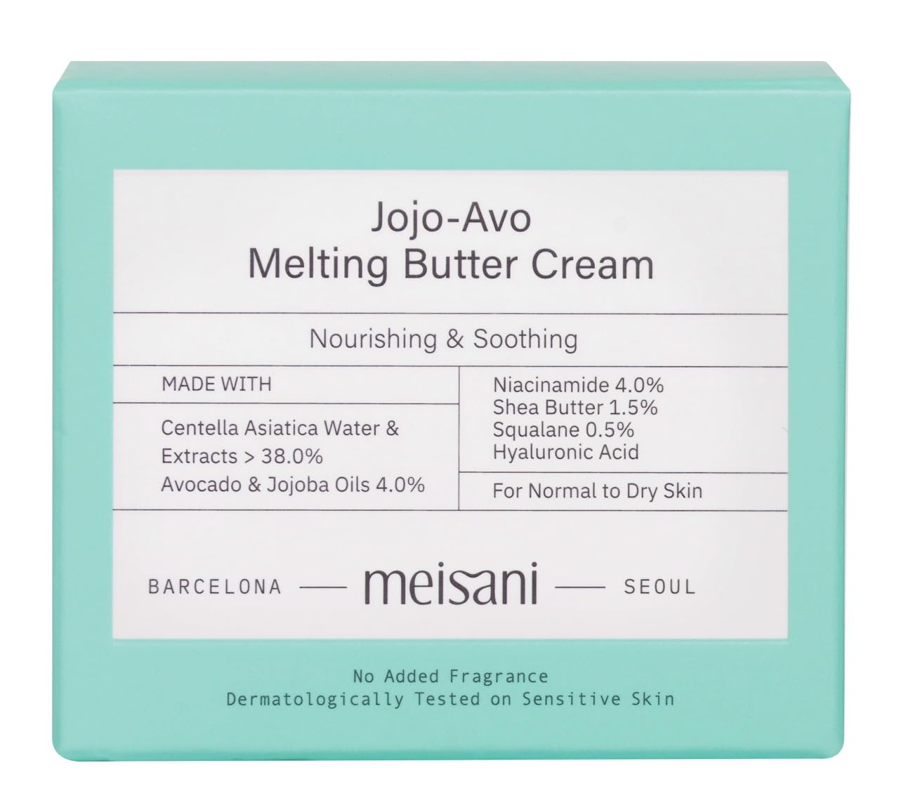 Meisani Jojo-Avo Melting Butter Cream, Crème hydratante et nourrissante à l'avocat et à la centella asiatica pour peaux sensibles et déshydratées, 50 ml