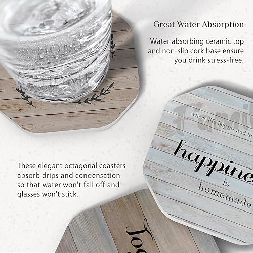 Miniatura 3 de UMIRRO Posavasos rústicos para decoración de mesa auxiliar, juego de posavasos de cerámica con soporte para mesa de madera, bonitos posavasos