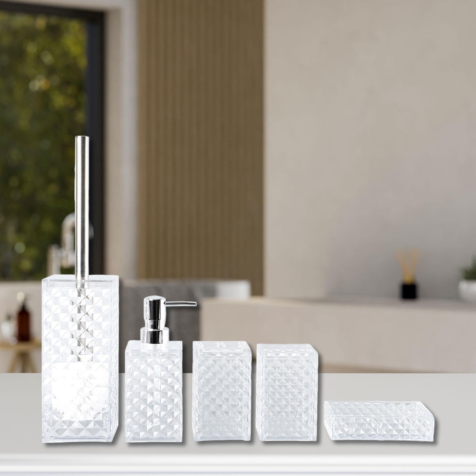 KESOTO Juego de 5 Accesorios de Baño, Jabonera, Dispensador de Cepillos de Dientes, Cristal, Fabricado en PP, Fácil de Limpiar, Apto para Regalo, Apartamento, Blanco, Individual