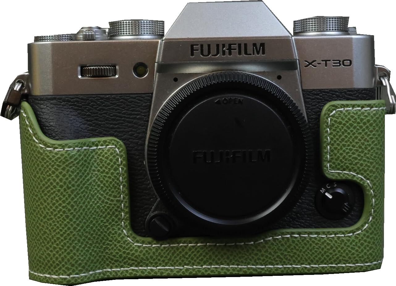 X-T30 II Case, BMAOLLONGB Handmade PU Leather Half Camera Case Bag Cover Bottom Opening Version for Fujifilm X-T30 II XT30II with Hand Strap (Green)