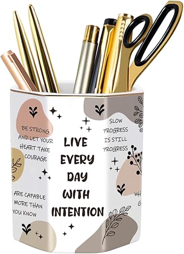 Miniatura 27 de WAVEYU - Soporte de cerámica para bolígrafos para escritorio, lindo, taza de lapices para escritorio, organizador de escritorio, soporte para negro,