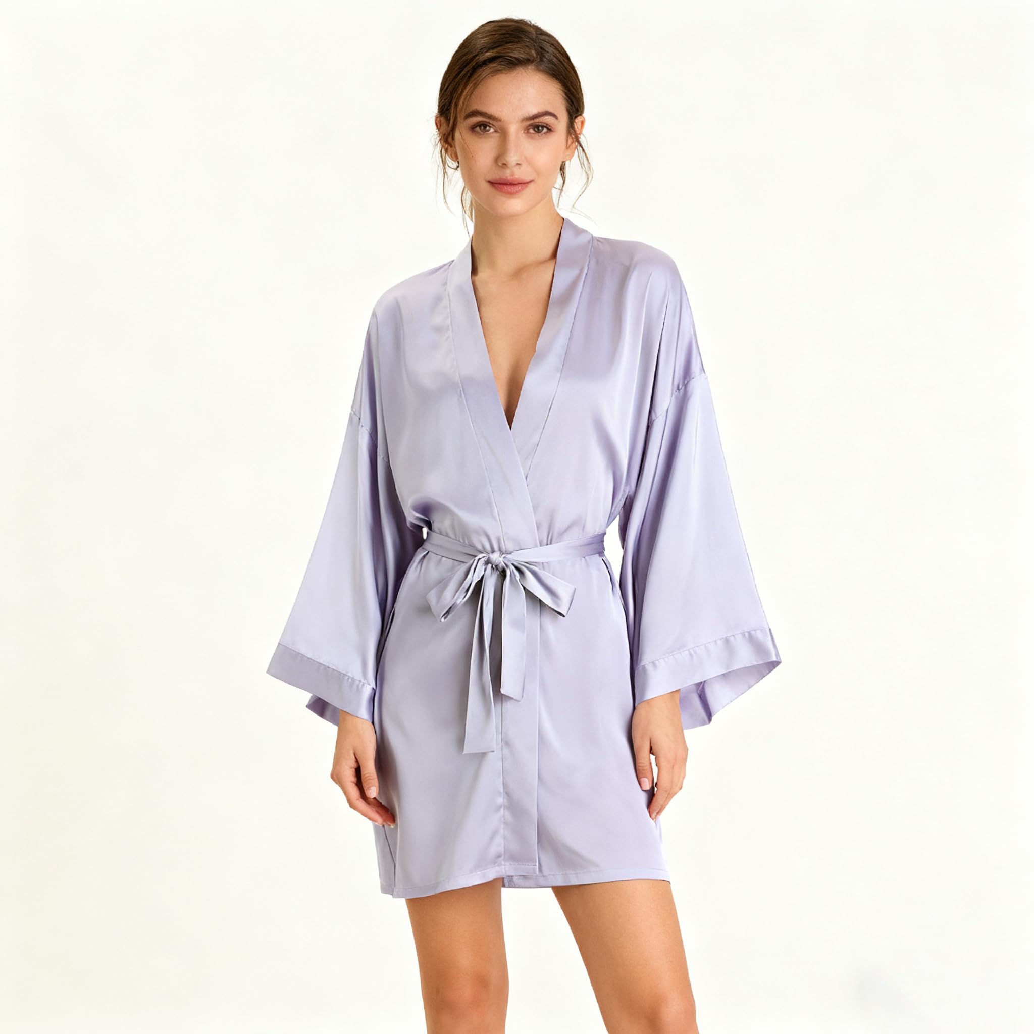 LUKX Bademantel Damen Kurz,Baumwoll-Leinen-Bademantel Lila Schlichter Kimono Robe V-Ausschnitt Morgenmantel Leicht Kurz Nachthemd Braut-Morgenmantel Nachtwäsche Bademantel Damen