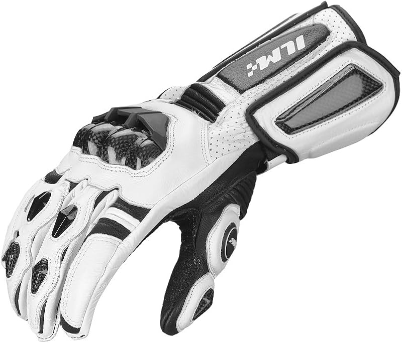 ILM Air Flow Guantes de Moto de Cuero para Hombre y Mujer Modelo-GRC01L (M, Blanco-Largo)
