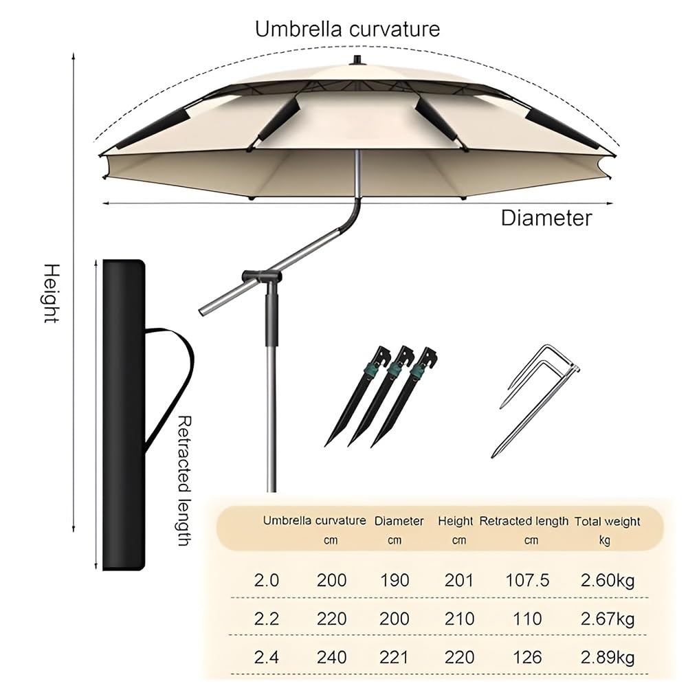 Parasol ogrodowy 240/220/200 cm, parasol plażowy odporny na wiatr, parasol wędkarski z regulacją nachylenia, ochrona UV na podróże i kemping