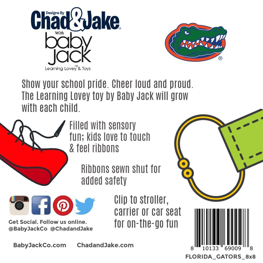 Image of The Learning Lovey University of Florida Gators Baby Tag Toy - College Baby Sensory Crinkle Toys - Soft & Safe - Ideal Baby Stroller Toy - BPA Free w /Stroller Clip (8 inch x 8 inch Tag Toy)